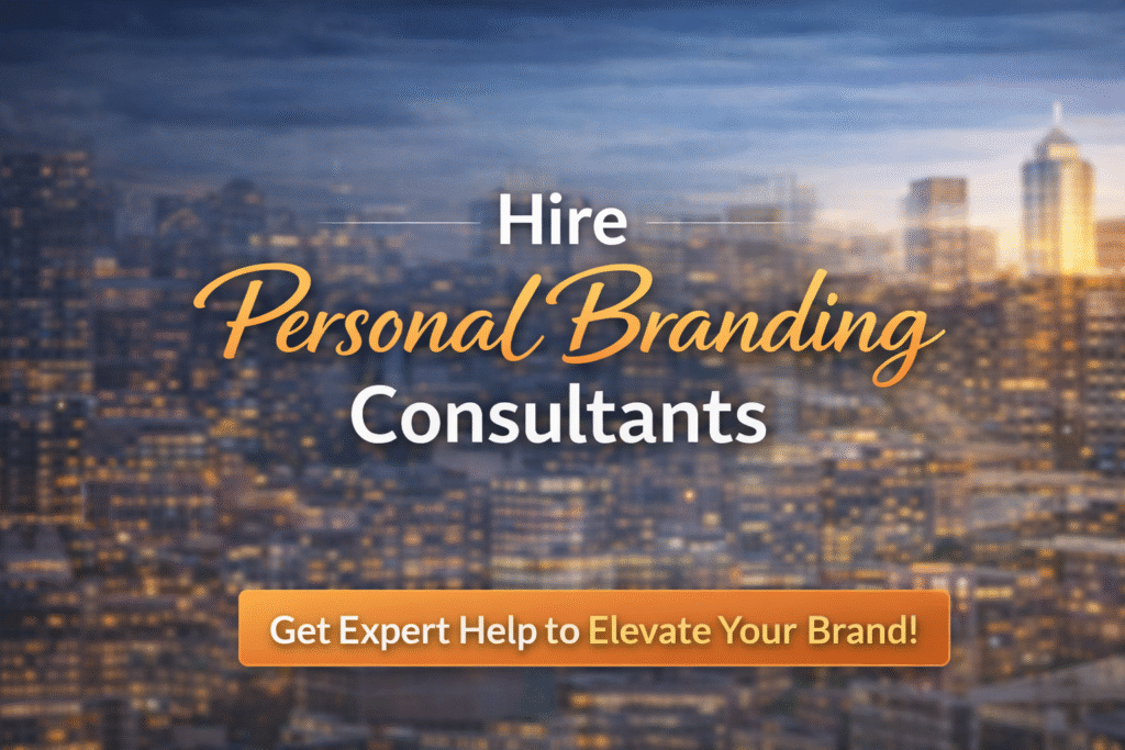 Minimal professional banner with the text “Hire Personal Branding Consultants” displayed over a blurred city skyline background, conveying a modern and premium business branding message.