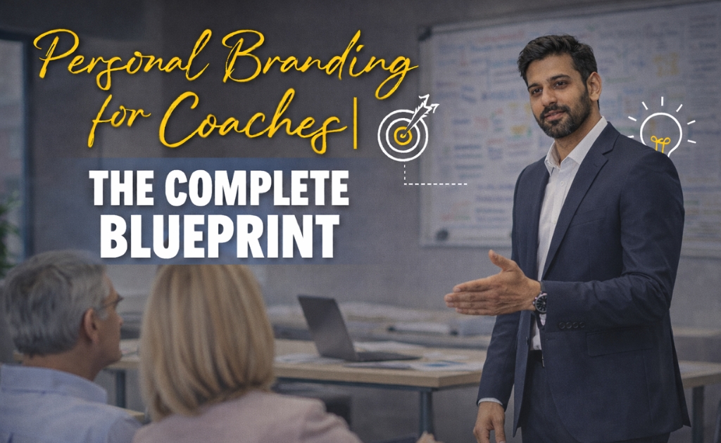 Personal Branding for Coaches – The Complete Blueprint blog banner featuring a business coach teaching in a classroom.