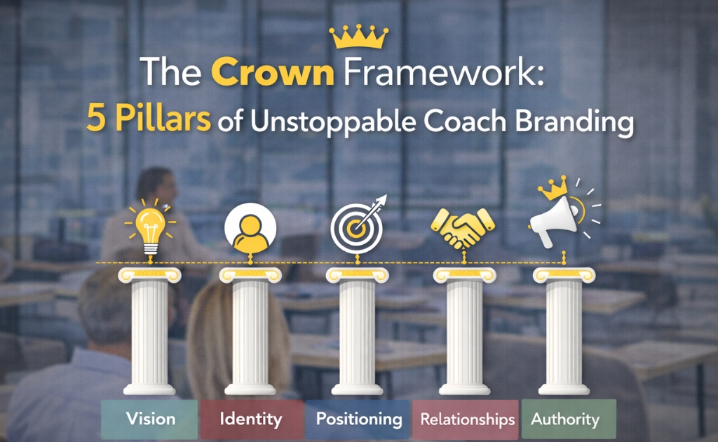 Infographic of The Crown Framework showing five Personal Branding for Coaches: Vision, Identity, Positioning, Relationships, and Authority with icons and crown.