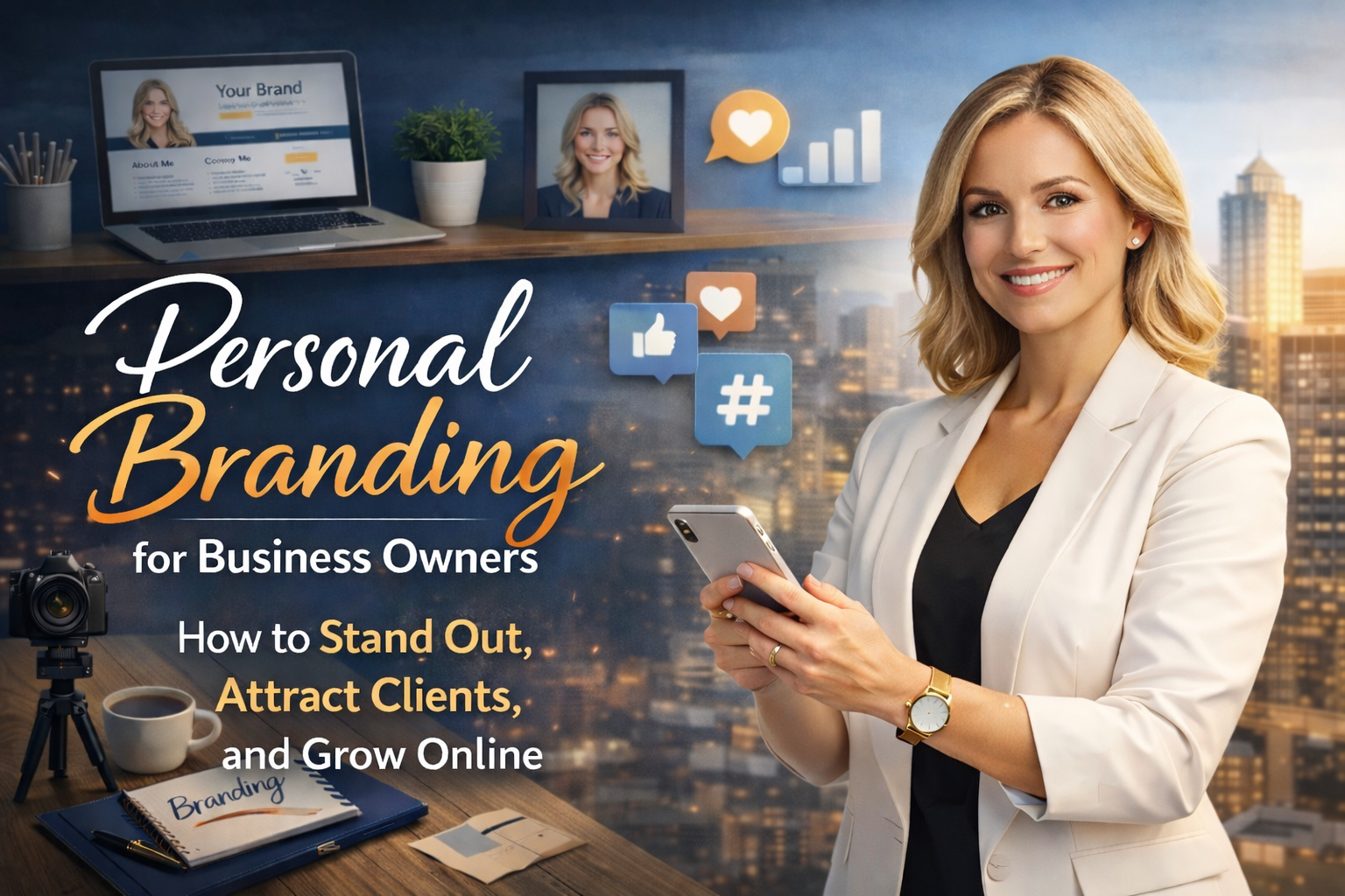 Professional feature image showing a confident businesswoman holding a smartphone, with a modern workspace, laptop, branding elements, and a city skyline in the background, representing personal branding for business owners and online growth.