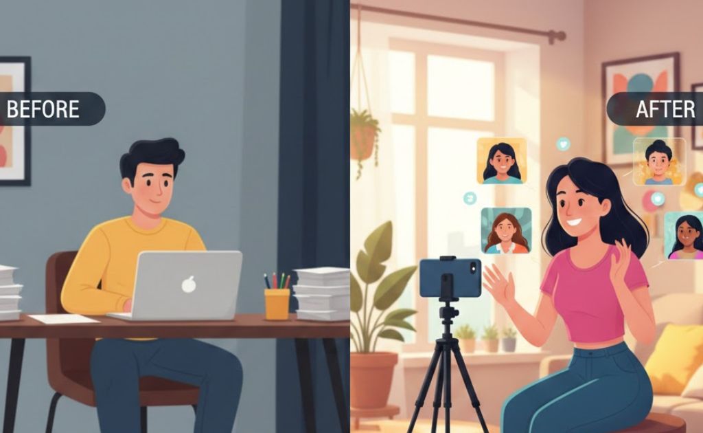 How to Become a Content Creator on Instagram – woman recording Instagram video with smartphone and ring light setup for content creation.