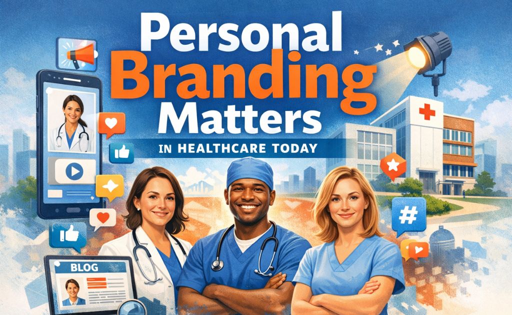 Illustration of healthcare professionals with digital media icons highlighting personal branding for doctors in today’s healthcare industry.