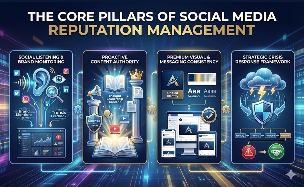 Core pillars of social media reputation management including brand monitoring, content authority, visual consistency, and crisis response strategy.