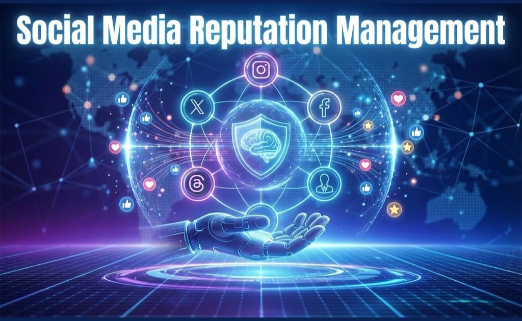 Social media reputation management concept showing digital shield protection across Instagram, Facebook, and X platforms with brand trust indicators.