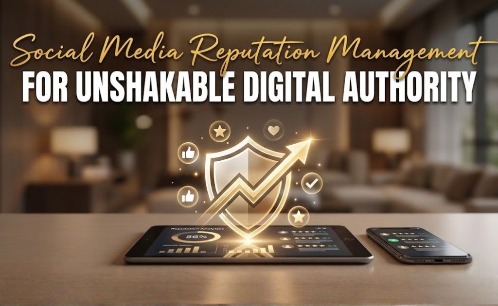 Social media reputation management for digital authority featuring trust shield, growth arrow, ratings, and mobile analytics dashboard.