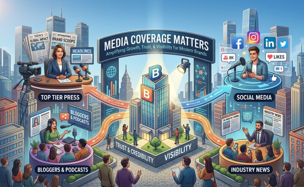Illustration of Media Coverage Services showing top tier press, bloggers and podcasts, social media, industry news, trust, and brand visibility