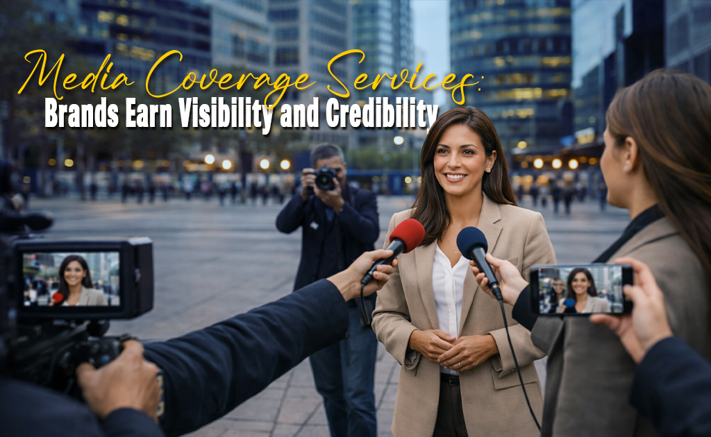 Media Coverage Services visual with a business professional giving a press interview to build brand visibility and credibility