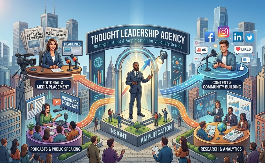 Thought Leadership Agency setup with brand strategy discussion, video content production, and industry influence building