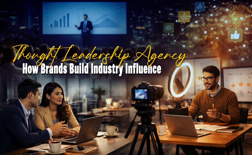 Illustration of a Thought Leadership Agency showing media placement, podcasting, public speaking, content building, and research analytics