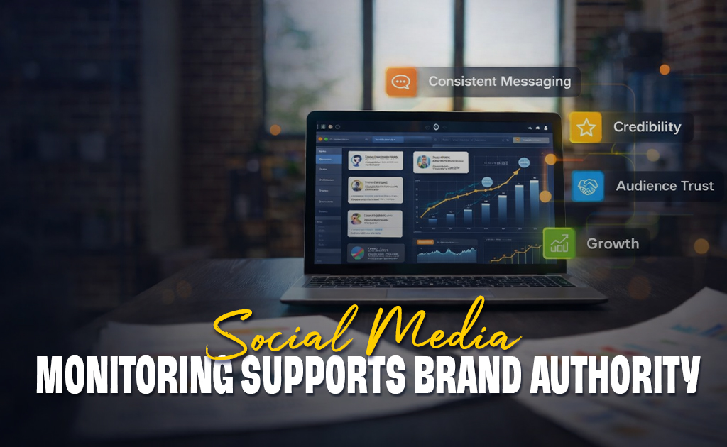 Social media monitoring dashboard showing brand growth, audience trust, and analytics insights